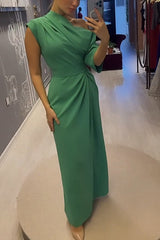 Single Tonight Ruched Irregular Neck One Half Sleeve Formal Maxi Dress