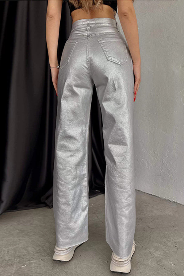Stylish Metallic Fabric Pocket Casual Straight Wide-Leg Pants