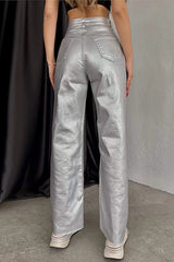 Stylish Metallic Fabric Pocket Casual Straight Wide-Leg Pants