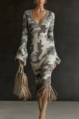 Unique Printed V-neck Long-sleeved Elegant Tassel Hem Midi Dress