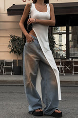 Solid Color Shoulder Strap Slim Fit Slit Maxi Top