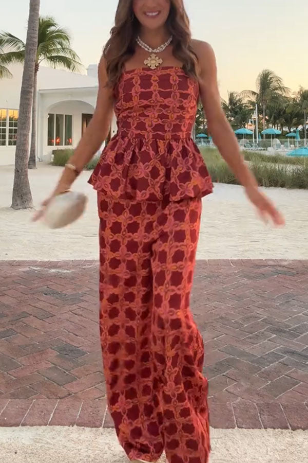 Chainlink Printed Bubble Back Pleated Slip Top and Elastic Waist Pocket Loose Pants Set