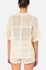 Solid Color Casual Cutout Button Shirt and Elastic Waist Drawstring Shorts Set