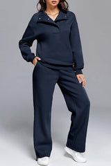 Solid Color Long-sleeved Lapel Sports Sweatshirt and Elastic Waist Casual Pocket Pants Set