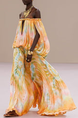 Gorgeous 70s Dream Tie-dye Print Off Shoulder Braid Cutout Detail Drape Maxi Dress