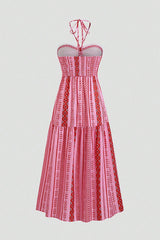 Bohemian Holiday Style Unique Print Halter Neck Tie Slit Midi Dress