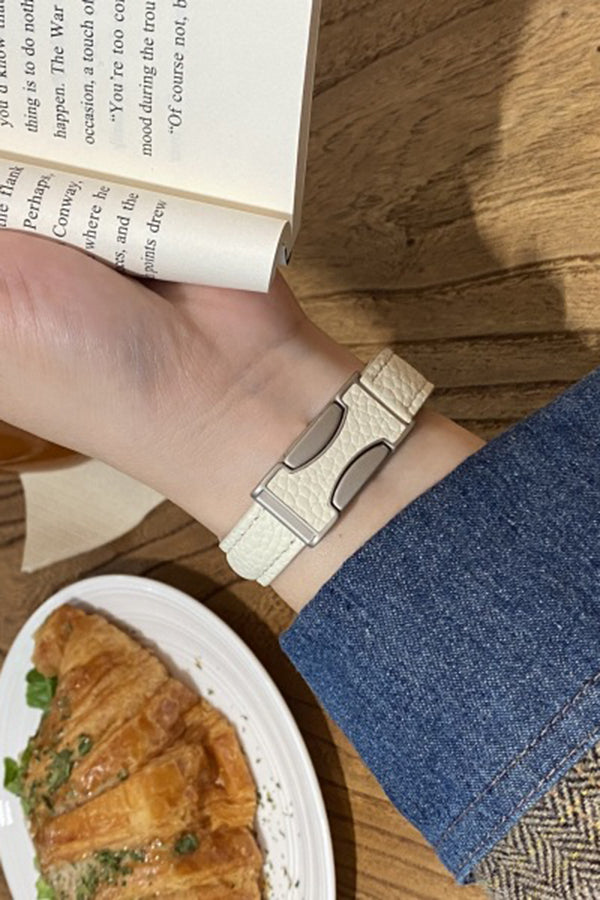 Fashionable Genuine Leather Lychee Pattern Double C Magnetic Buckle Watch Strap