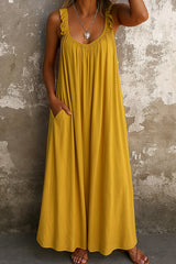 Solid Color Casual Ruffle Suspender Loose Pocket Maxi Dress