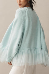 Fashionable Splicing Mesh Ruffle Knitted Long-sleeved Loose Cardigan