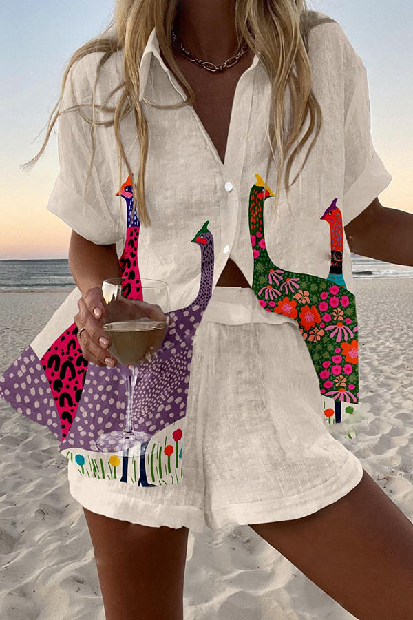 Colorful Bird Print Loose Button Elastic Waist Shorts Set