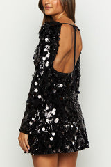 Bring The Disco Large Sequins Square Neck Long Bell Sleeve Backless Slit Mini Dress