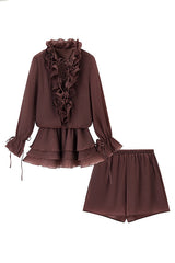 Fashionable Flower-decorated V-neck Loose Top and Elastic Waist Casual Shorts Set