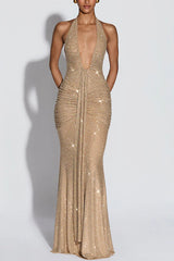 Rosetta Sequin Deep U-neck Ruched Hip Draped Panel Halter Maxi Dress