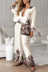 Botanical Print Loose Long-sleeved Shirt and Elastic Waist Pocket Casual Wide-leg Pants