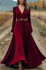 Solid Color V-neck Long Sleeve High Waist Full Hem Maxi Dress