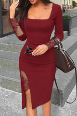 Sexy Lace Paneled Square Neck Slim-fit Slit Midi Dress