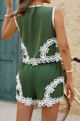 Bohemian Style V-neck Sleeveless Top and Elastic Waist Loose Casual Shorts Set