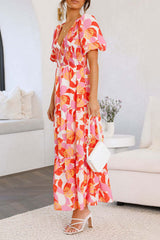 Holiday Flower Print Puff Sleeve Midi Dress