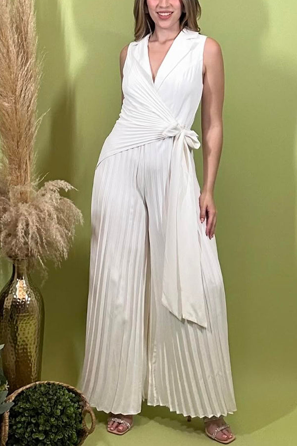 Solid Color Lapel Sleeveless Waist Tie Pleated Wide-leg Jumpsuit