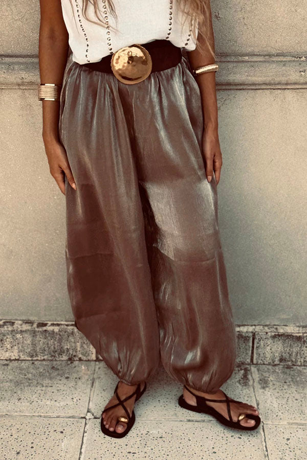 Chic Moment Glittery Fabric High Rise Elastic Wst Pocket Bubble Hem Pants