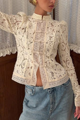 Fashion Hollow Lace Stand Collar Long Sleeve Slim Shirt