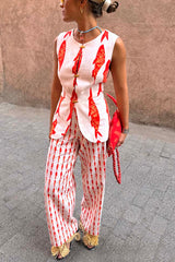 Good Luck Linen Blend Koi Pattern High Rise Elastic Waist Loose Pants