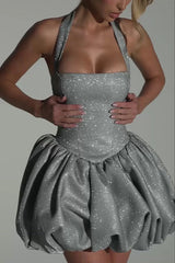 Araminta Glitter Fabric Square Halter Tie Neck Back Lace-up Fluffy Bubble Mini Dress