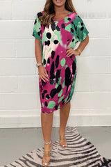 Printed Crew Neck Oversized Multicolor T Bar Dress