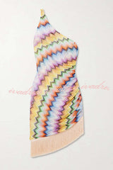 Eline Knit Colorful Zigzag PatternOne Shoulder Ruched Tassle Trim Mini Dress