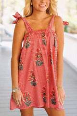 Floral Stripe Print Suspender Lace-Up Loose Mini Dress