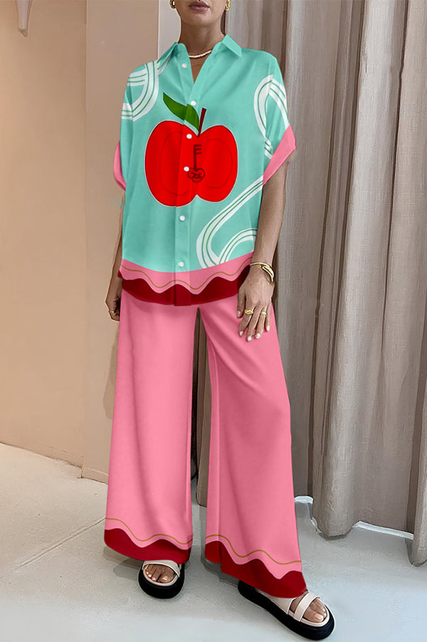 Apple Print Oversized Blouse and Elastic Waist Pocketed Pants Set