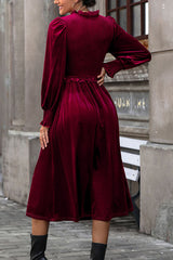 Solid Color Velvet Pleated Ruffled V-neck Long Sleeve Elegant Midi Dress