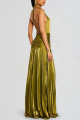 Glamorous Metallic Pleated Fabric Open Back Halter Slit Maxi Dress