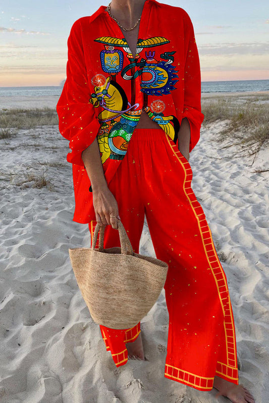 Horse Print Oversized Shirt and Elastic Waist Pocket Pants Set