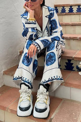 Unique Print Lapel Long Sleeve Shirt and Elastic Waist Wide Leg Pants Set