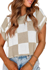 Fashionable Checkerboard Color Block Short-sleeved Loose Sweater