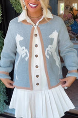 Stylish White Horse Pattern Casual Long-sleeved Knitted Cardigan