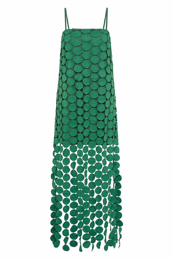 Juju Embroidered Cutout Polka Dots Square Neck Tassel Hem Slip Maxi Dress