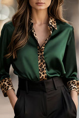 Satin Leopard Print Patchwork Casual Long-sleeved Shirt