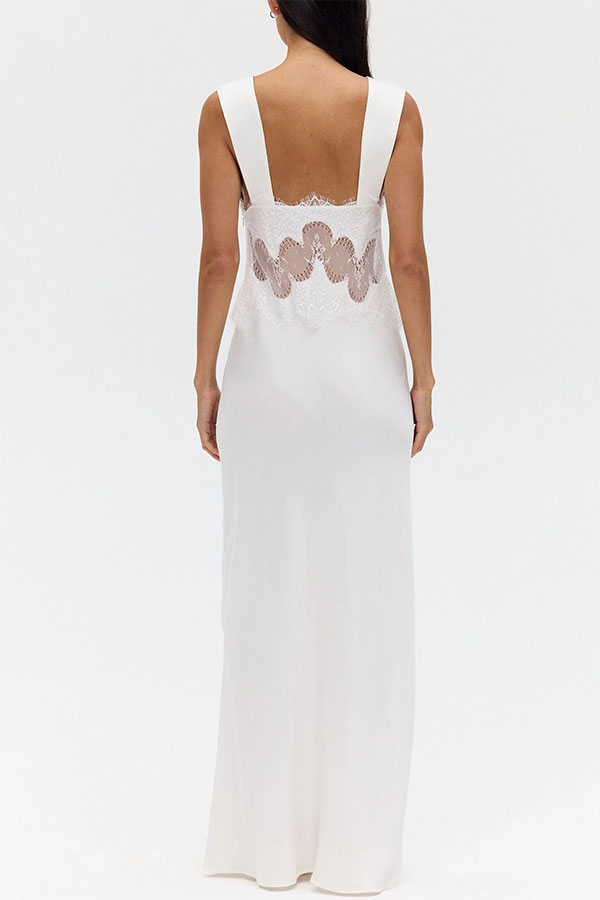 Effortless Elegance Satin Sheer Lace Patchwork V-neck Drape Maxi Dress