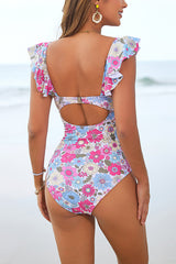 Printed V-neck Ruffled Stretch One-piece Swimsuit and Elegant Tulle Scarf Set