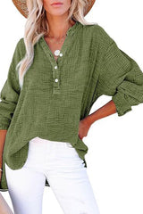 Solid Color Long Sleeve Pleated Button Loose Top