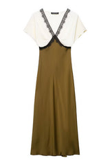 Fashionable Contrast Color V-neck Lace Stitching Maxi Dress