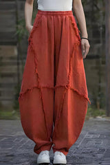 Retro Elastic Waist Stitching Raw Edge Loose Pocket Harem Pants