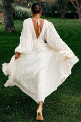 Wedding Guests Pleated Textured Chiffon Fabric Balloon Sleeve Open Back Maxi Dress