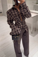 Vintage Plaid Shoulder Pad Buttons Long Sleeve Angled Hem Shirt