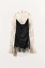 Gothic Romantic Lace Satin Patchwork High Neck Bell Sleeve Loose Mini Dress