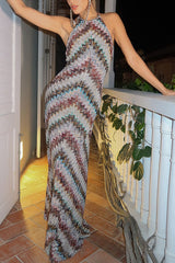 Jodie Knit Colorful Herringbone Print Halter Open Back Maxi Dress