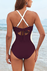 Stylish Halter Neck Hollow-out Spliced elastic One-piece Swimsuit