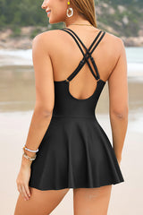 Solid Color V-neck Tie-trimmed Stretch One-piece Swimsuit